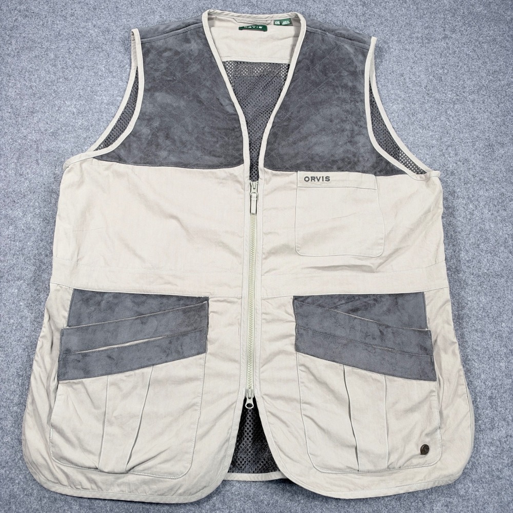 Orvis Mens XXL Khaki Gray Mesh Back Shooting Hunting Vest Faux Suede 2EF40